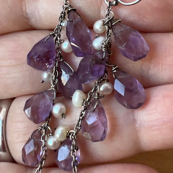 VINTAGE 925 SS FACETED MULTI AMETHYST PEARL CLUSTER BUNCH DANGLE DROP EARRINGS - Picture 1 of 16